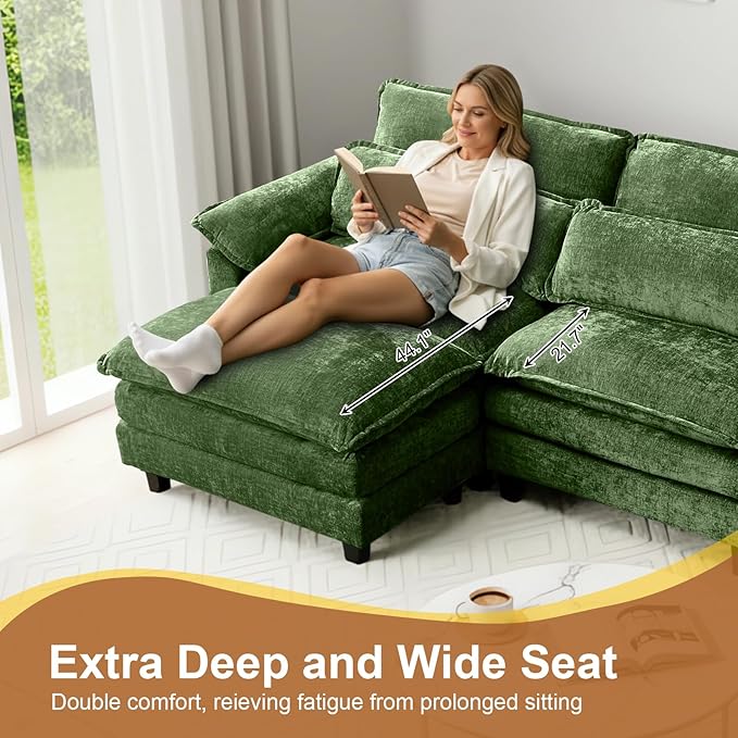148'' Modular Sectional SofaL Shaped Couch with Movable Ottoman Comfy Cloud Sofa with Deep Seat 4 Seat Convertible Sectional Couches for Living Room with USB Charging &amp Side Pockets(Green)