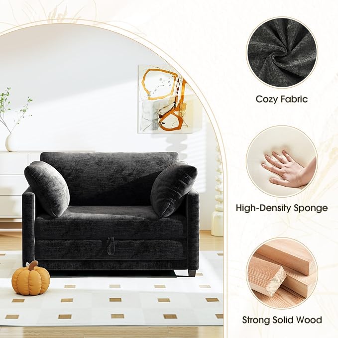 51 Convertible Loveseat Sofa Bed 2-in-1 Folding Sofa Bed with 2 Pillow for Small Spaces Modern Loveseat Sleeper Couch for Apartment Living Room &amp Guest Room (Chenille Black 51 inch)