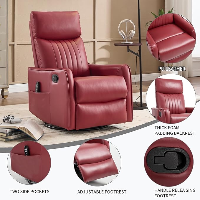 High Back Massage Recliner with Heat - Swivel Rocking Chair for Small Spaces Manual Lazy Boy Recliner for Adults Perfect for Living Room &amp Bedroom Soft Fabric (Red)