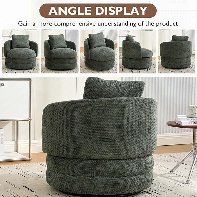 Beige Swivel Accent Chairs for Living Room Round Swivel Barrel Chair with Comfy Pillow &amp Curved Backrest Small Upholstered Armchair for Small Spaces Bedroom Office (Green)