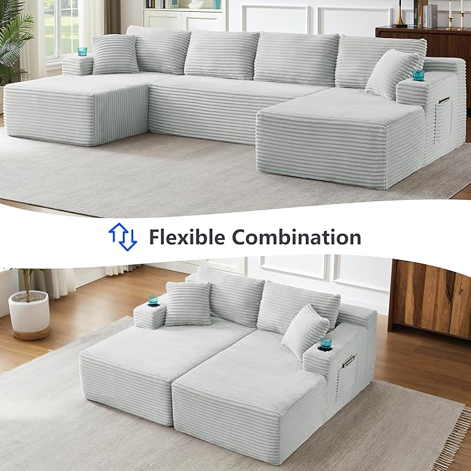 133.5 Modular Sectional Sofa with Movable Chaises Boneless Couches with Cup Holders for Living RoomOversized U Shaped Sectional Couch Modern Cloud Corner Sofa with Storage 6 Seater- Gray