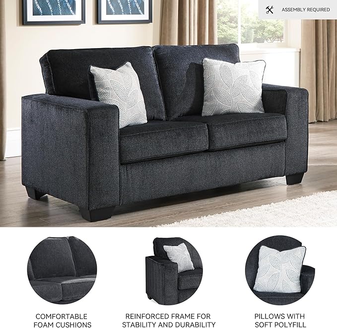 Signature Design by Ashley Altari Modern Loveseat with 2 Accent Pillows Dark Gray