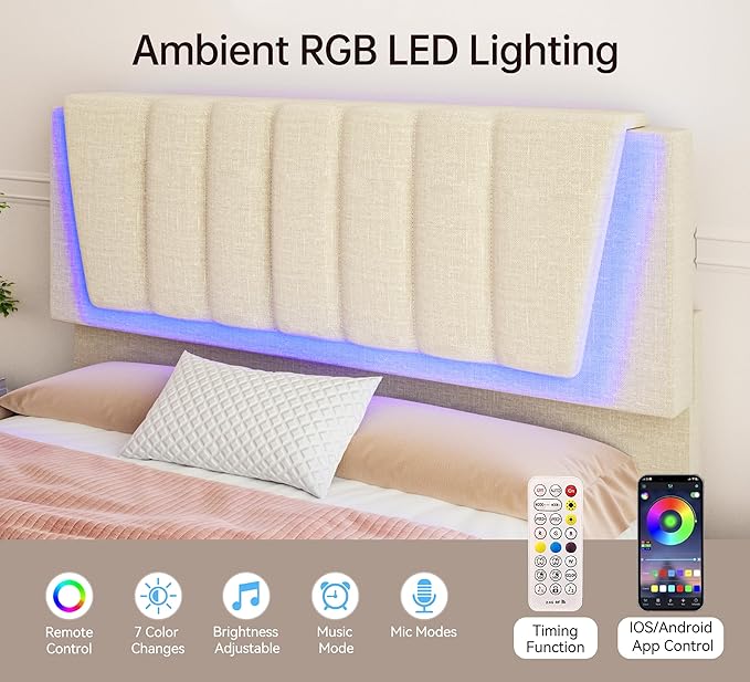 Full Bed Frame with 2 Storage Drawers Modern Linen Bed with Upholstered Headboard Bed Frame with Adjustable Upholstered Headboard &amp LED Lights No Box Spring Needed Beige