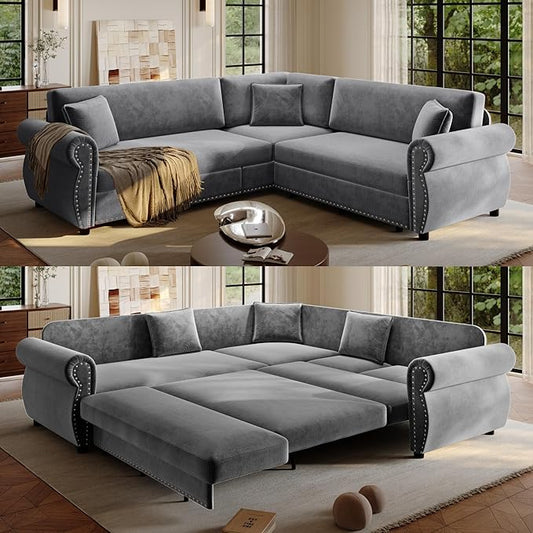 88 L Shaped Sectional Sleeper Sofa Couch with Pull Out Bed Oversized Chenille Convertible Sectional Couches with Nailhead Trim &amp Rolled Arm for Living Room Removable Sofa CoverLigt Grey