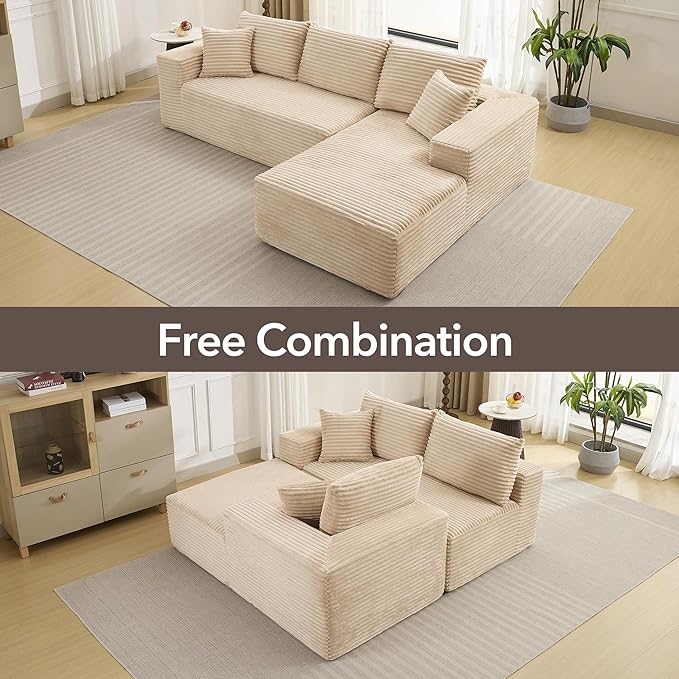 108 Cloud Sectional Couch with L-Shape Chaise Modern Modular Sofa with Deep Seat Boneless Cloud Couches for Living Room Bedroom No Assembly Required Plush Corduroy (Beige Right Facing Chaise)