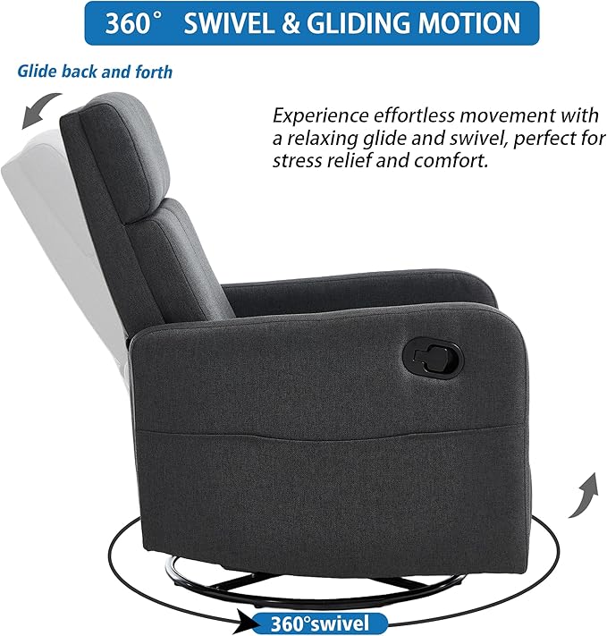 Swivel Rocking Recliner Chair for Adults Upholstered Fabric Glider Recliner Reclining Chair with Side Pockets and Double-Thick Cushion for Living Room Bedroom Nursery (Grey)