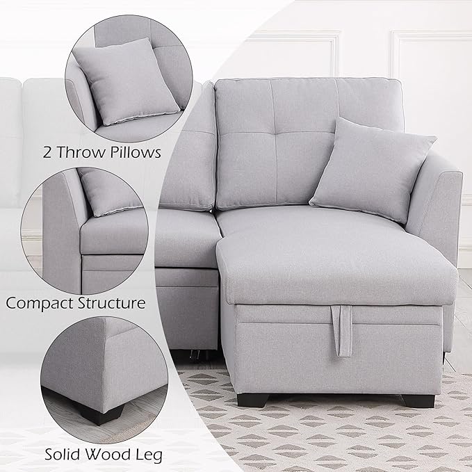BEEY Sleeper Sofa Bed 82 Small Convertible Sectional Sofa Couch with Storage Chaise L Shaped Couch with Pull Out Bed for Bedroom Living Room (Light Grey F4002)