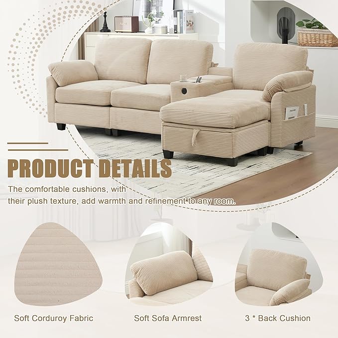 KEIKI 105 L-Shaped Oversized Corduroy Modular Sectional Sofa with 1 Ottoman and Multi Functional Console 4-Seater Upholstered Couch with USB and 2 Cup Holder Easy Assembly for Living Room Khaki