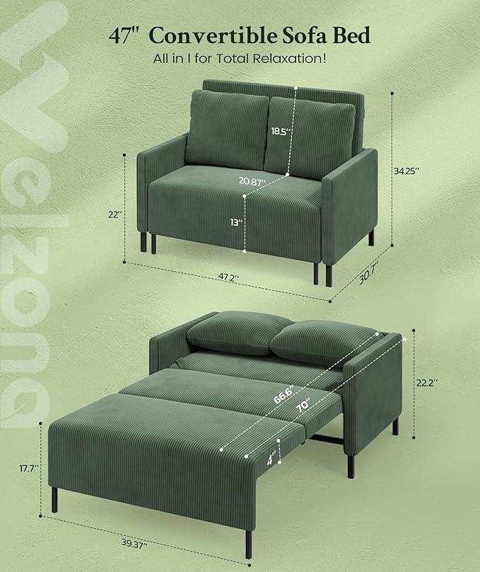 47.2 Convertible Sofa Bed Couch Comfy Corduroy Couch Bed All in 1 Loveseat Sleeper Sofa Love Seat Sleeper Bed with 2 Pillows Modern Couches for Living Room/Apartment/Home/Office Green