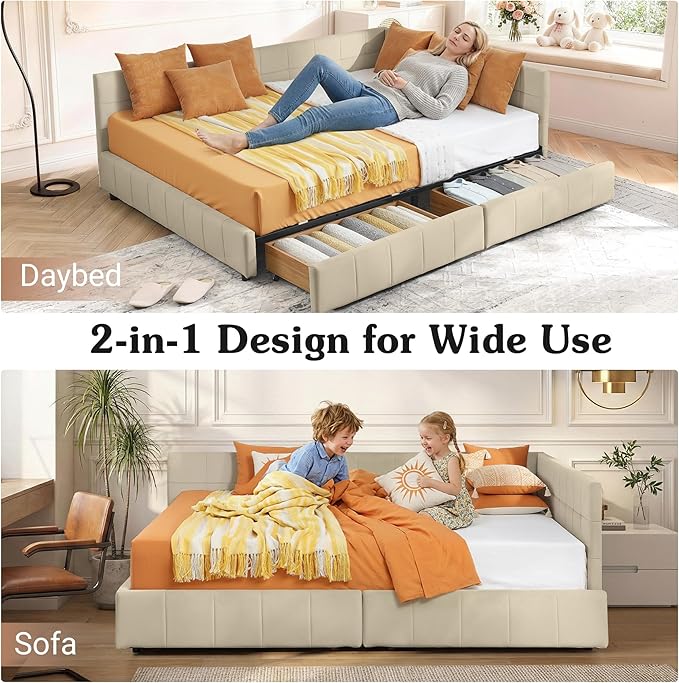 Full Corner Bed Frame with Storage Drawers Modern Velvet Upholstered Sofa Day Bed Frame with Wood Slats for Living Room Bedroom Guest Room No Box Spring Needed Beige