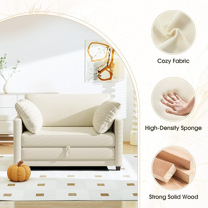 51 Convertible Sofa Bed 2 in1 Folding Sofa Bed Loveseat Sleeper Sofa for Small Spaces Fold Out Floor Couch with 2 Pillows for Apartment Living Room &amp Guest Room Beige Chenille Fabric