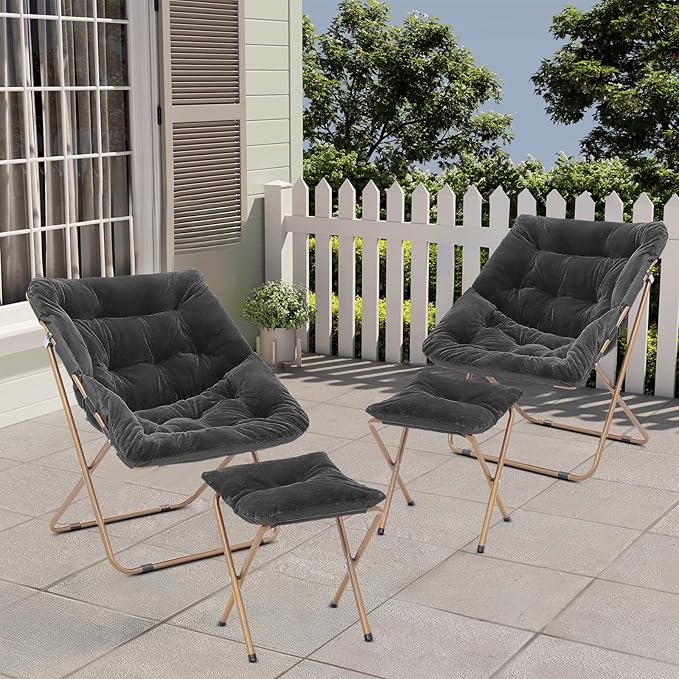 Cozy Saucer Chair Living Room Chair Faux Fur Soft Thick Padded Folding Chair Comfortable Square Moon Chair for Living Room Bedroom Reading Nook Modern Style 2 Pack Black