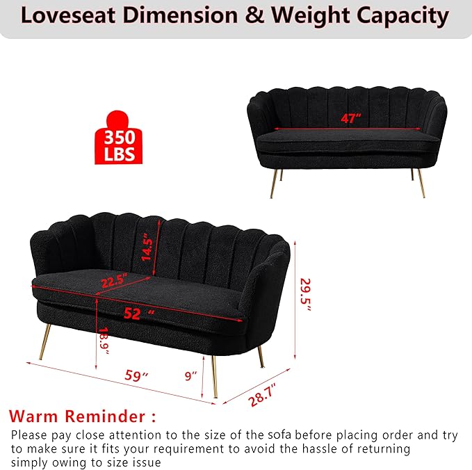 Boucle Small Sofa Couch for Small Spaces Living Room Bedroom59 Loveseat Couches with Gold Metal LegsChannel Tufted 2 Seater Sofas with Curved Back and Arms for ApartmentRV.
