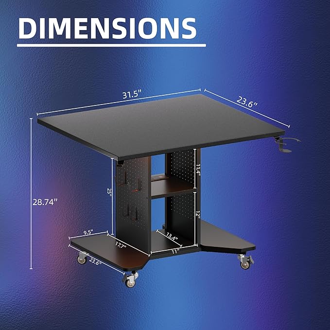 Pamray Small Rolling Gaming Desk with Led Lights Power Outlets and Storage Pegboard Small Spaces Compact PC Computer Table Balck