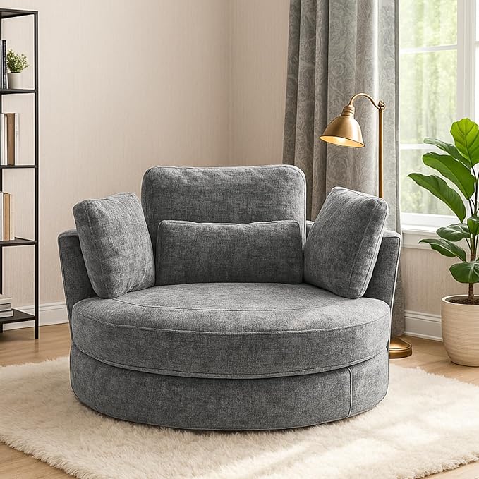 49.6''W Swivel Accent Barrel Chair Oversized Chenille Upholstered Round Single Couch Sofa with 4 Pillows for Living Room Apartment Bedroom (Gray).