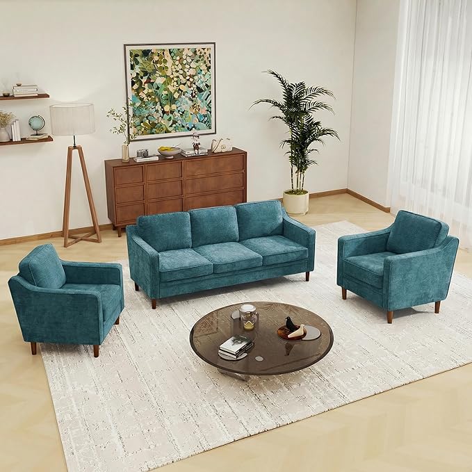Kingfun Living Room Furniture Sets 3 Seater Couch and 2 Armchair Mid Century Modern Sofa Set Chenille Couch with Solid Wood Frame for Living Room &amp Bedroom Water Green