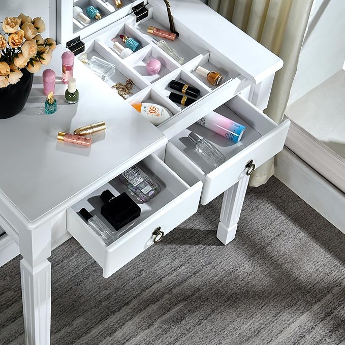 PADMA HOUSE Flip Top Wood Makeup Vanity Desk with Mirror Small Dressing Table with Two Drawers Flip-up Wooden Writing Desk Secretary Table in White for Bedroom Living Room