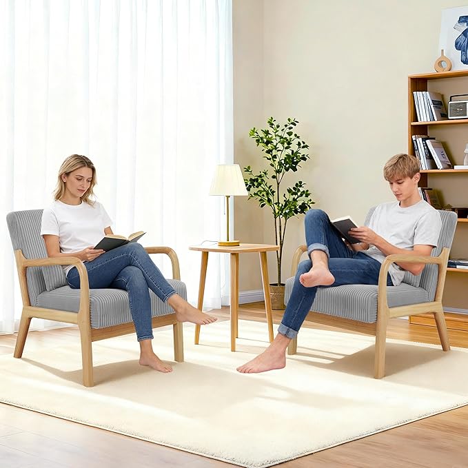 Accent Chair Mid-Century Modern Armchair with Waist Cushion Fabric Lounge Reading Chair with Wood Frame Comfy Single Sitting Seat for Living Room Bedroom Balcony up to 450lbs Gray