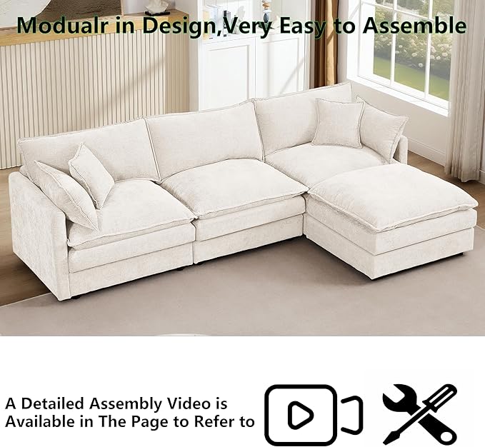 102 L-Shaped Sofa for Living RoomModular Sectional Cloud Sofa Couch with OttomanModern Chenille 3 Seater Sofas with Deep SeatSmall L Shaped Couches for Bedroom (Beige 102)