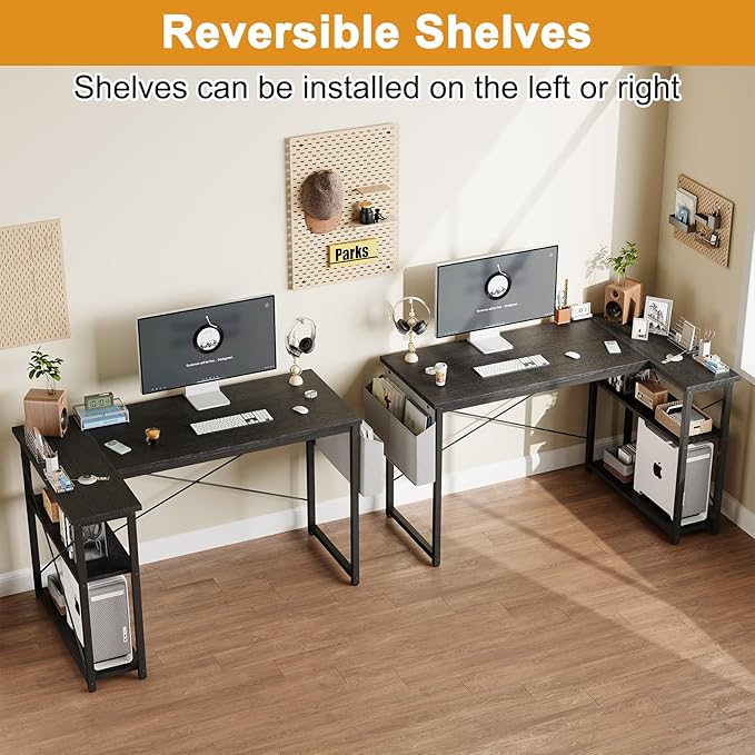 Grandder L Shaped Computer Desk with Reversible Shelves 47 Inch Small Corner Desk with Storage Bag Gaming Desk Computer Table Study Writing Table for Home Office Bedroom Small Space Black