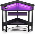 Rolanstar Corner Desk 44.5 W x 34.5 H Carbon Fiber Computer Desk with Power Outlets LED Lights and Keyboard Tray Small Office Computer Desk with Monitor Stand for Small Space Carbon Black