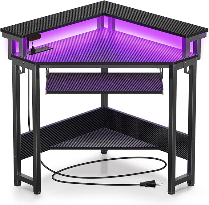 Rolanstar Corner Desk 44.5 W x 34.5 H Carbon Fiber Computer Desk with Power Outlets LED Lights and Keyboard Tray Small Office Computer Desk with Monitor Stand for Small Space Carbon Black
