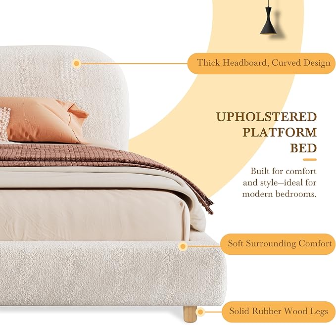 Merax Queen Size Teddy Fleece Thick Fabric Upholstered Platform Bed with Curved Shaped Headboard Wood Bed Frame with Solid Round Legs for Kids Teens Adults White