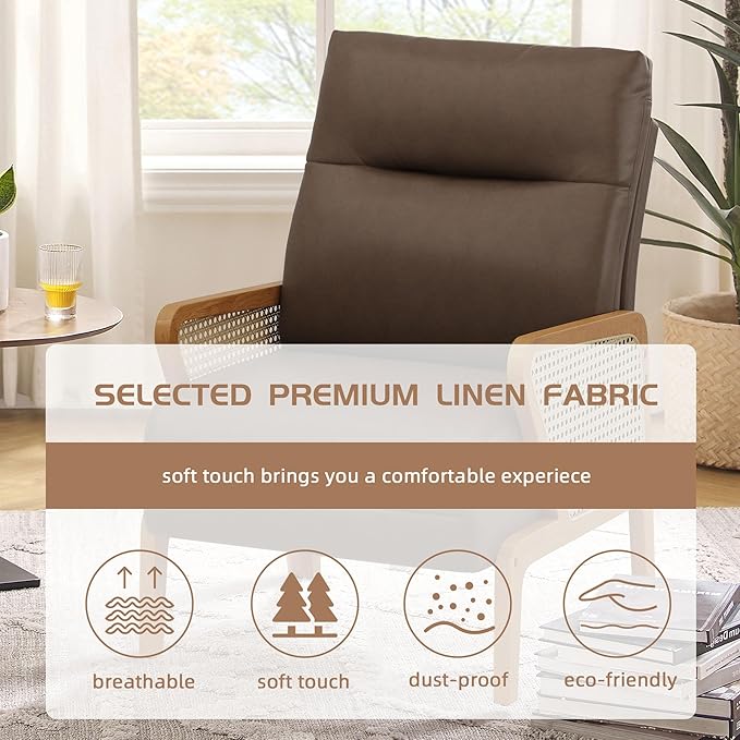 Alunaune Upholstered Living Room Chairs Accent Chair Armchair Set of 2 Natural Rattan Faux Leather Slipper Club Chair Guest Reception Couch Comfy Single Sofa for Reading Bedroom-Brown