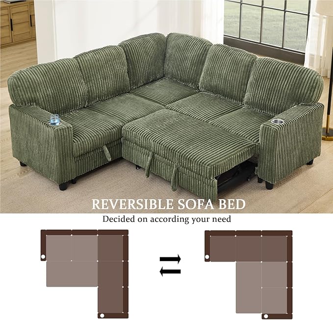 81 Convertible L Shaped Sleeper Sofa Couch with Pull Out Sofa Bed Sleeper Bed with Oversized Storage USB Ports &amp Cup Holder Sectional Couches for Living Room Green Corduroy