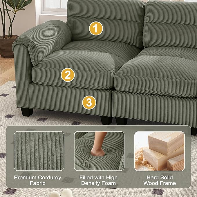 115” Modular Sectional L Shaped Sofa with Movable Ottoman Corduroy 5-Seater Couches with Thick Cushion for Living Room Green
