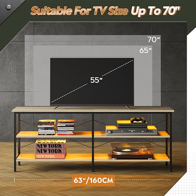 WLIVE TV Stand up to 70 Inch TV 63 Entertainment Center with LED TV Media Console with 3-Tier Storage Shelves for Living Room and Bedroom Greige