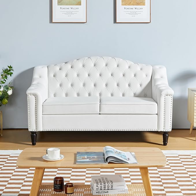 LEVNARY Chesterfield Loveseat Velvet Upholstered Sofa with Button-Tufted Back Mid-Century Modern Sofa with Solid Wood Legs 2 Seater Couches for Living Room (White)