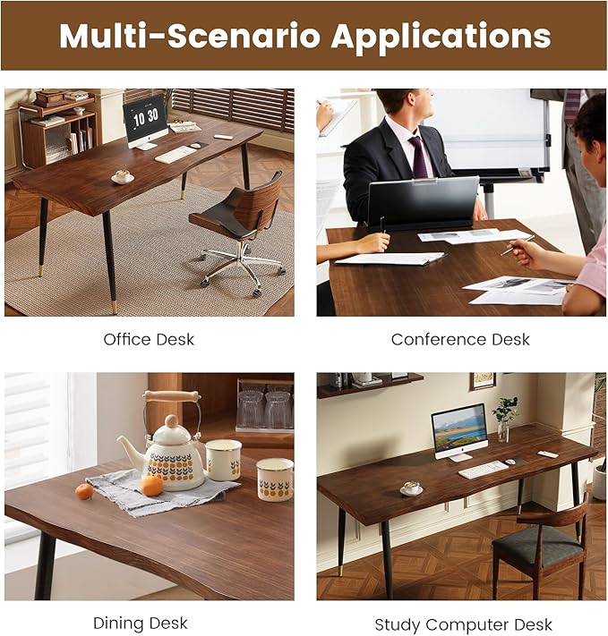 Solid Wood Desk 55 inches Home Office Computer Desk Wooden Rustic Writing Desk Metal Modern Simple Design Executive Real Wood Desk(Walnut)