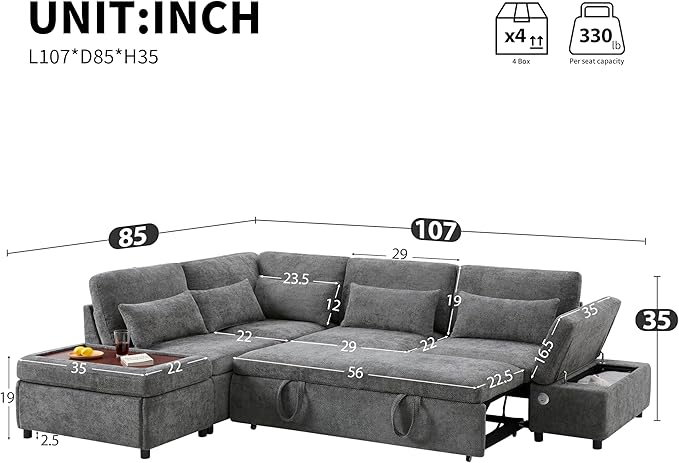 Modular Sectional Sleeper Sofa Bed 107'' Pull Out Bed Sectional Sofa with Free Movement Storage Ottoman L-Shape with Wide Seats Oversized Chenille Sofa for Living Room (Grey/512)
