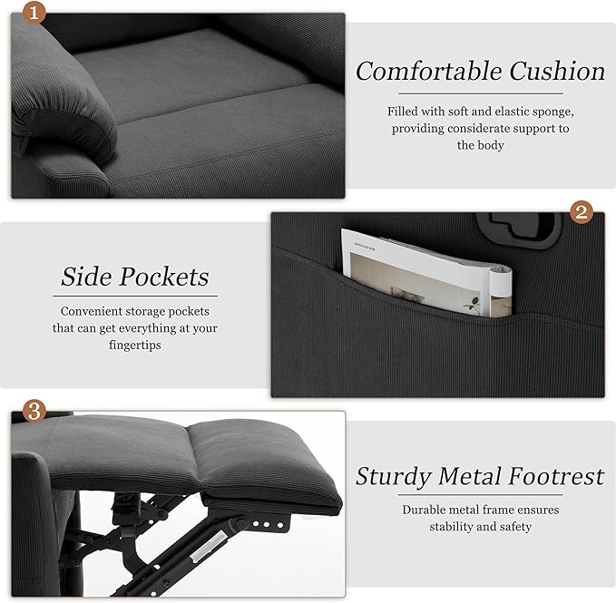 Recliner Chair for Adults Small Recliner Chair for Small Spaces Upholstered Corduroy Manual Recliner with Side Pockets Reclining Chair for Living Room Nursery Black