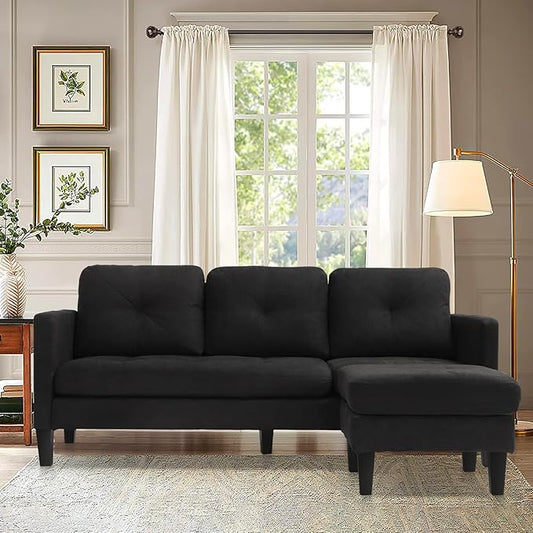 Grepatio Convertible Sectional Sofa Couch 3 Seat L-Shaped Sofa Couch with Modern Linen Fabric for Small Space Living Room (Black)