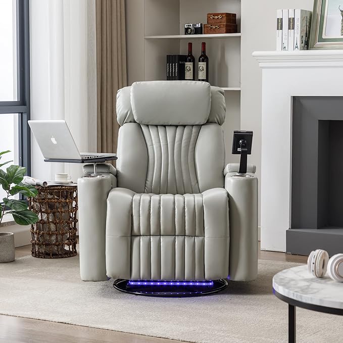 Merax 270 Degrees Power Swivel ReclinerHome Theater Seating with Hidden Arm Storage and LED Light StripCup Holder360 Degrees Swivel Tray Tableand Cell Phone HolderSoft Living Room ChairGrey