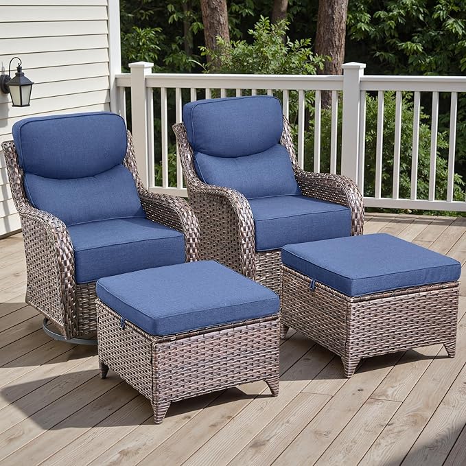 Rilyson Outdoor Patio Furniture Set - Weather Resistant WickerHigh Back6 inch Cushions4 Piece Patio Furniture Set with Swivel Rocker Chairs and Ottomans for Deck Porch YardBrown/Blue