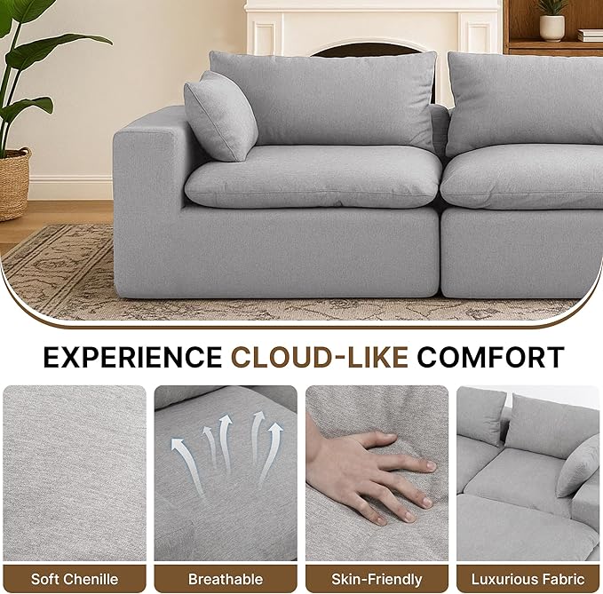 91.34 No Assembly Required Sectional Couch Modern 6-Piece Frameless Modular Sofa with Ottoman Deep Seat Cloud Couches for Living Room Oversized Chenille Comfy Sofa Gray