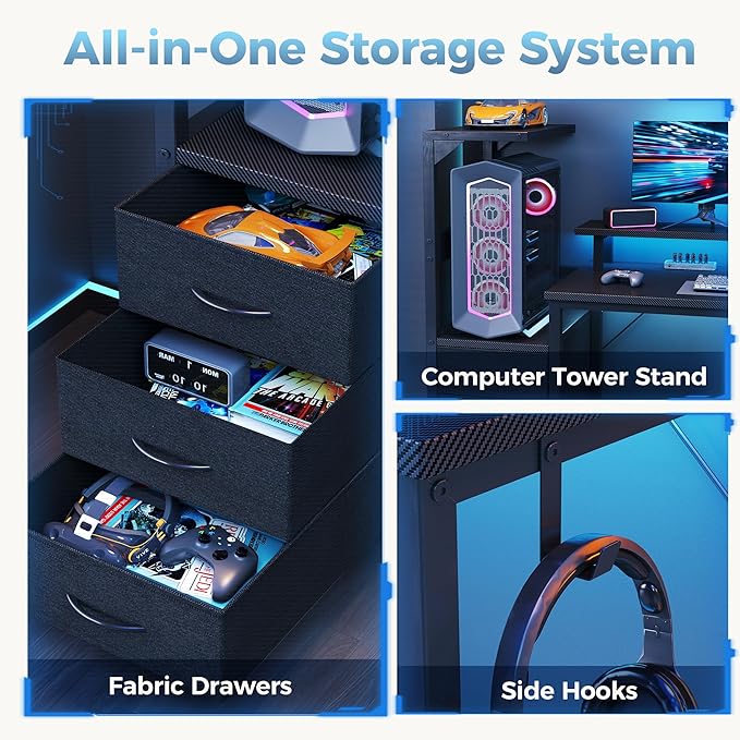 DUMOS L Shaped Gaming Desk with Shelves Storage Drawers 52'' Black Computer Desks with LED Lights Power Outlets Office Wood Table with PC Stand Cable Management for Bedroom Dual Monitor Streaming