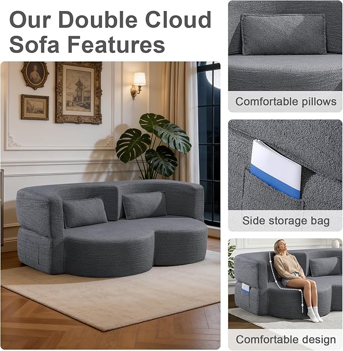 79 Inch Boneless Loveseat Sofa: 2-in-1 Convertible Teddy Velvet Cloud Double Sofa Minimalist Curved Cloud Sofa Bed for Living Room Apartment &amp Small Spaces (Gray)