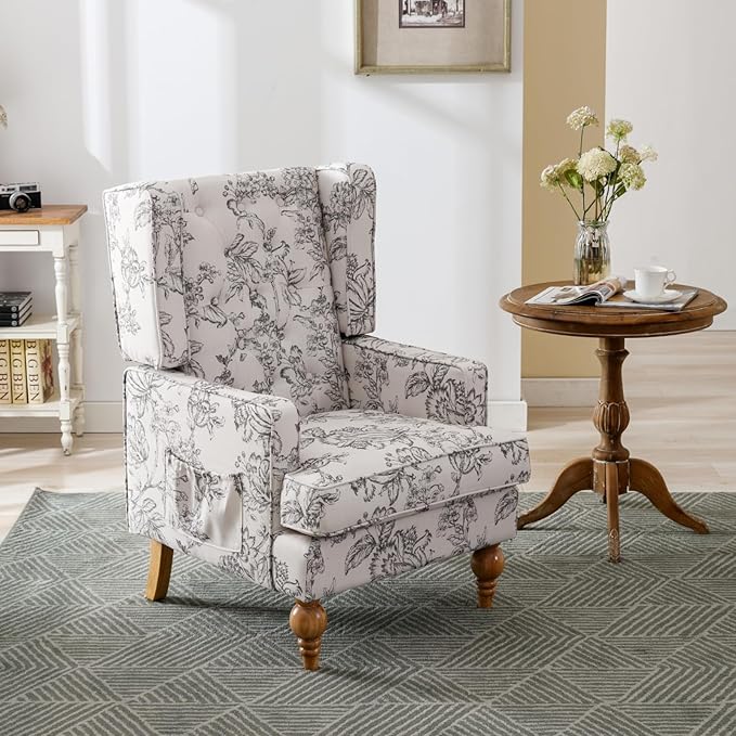 LukeAlon Button Tufted Linen Accent Chair Upholstered Club Chair with Wooden Legs Vintage High Wingback Reading Chair Comfy Armchair with Pocket for Living Room Bedroom Floral Beige