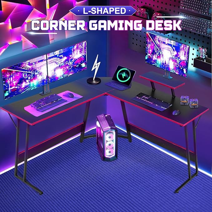 NChanmar L Shaped Gaming Desk with Monitor Riser Stand Home Office Corner Desk for Studying Working Large Desktop Black