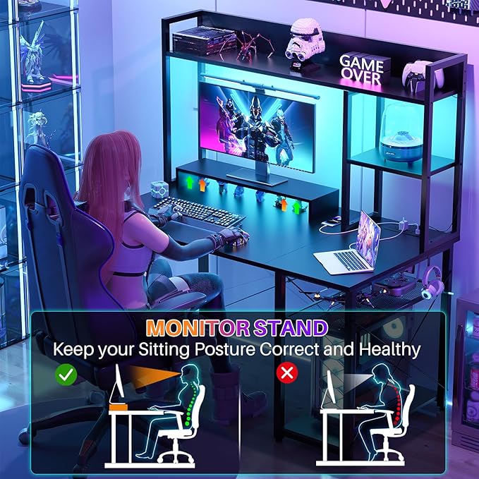 Cyclysio Gaming Desk with Hutch 39'' Computer Desk with LED Lights &amp Power Outlets Home Office Desk with Reversible 5 Tiers Storage Shelves &amp Monitor Stand Small Gaming Table for Small Spac