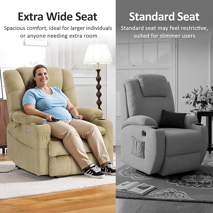 MCombo Oversized Triple Motor Power Lift Recliner Chair with Massage and Dual Heating Adjustable Headrest for Big and Tall Elderly People Fabric R7635 (Beige Large-Oversize)