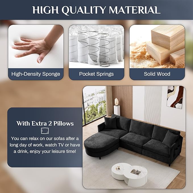 L Shaped Sectional Sofa Couch 106.7 Comfy Chenille 4 Seat Deep Seat Sofa Set with 2 Pillows &amp Convertible Ottoman Modern Modular Cloud Couch for Living Room Office Apartment Black