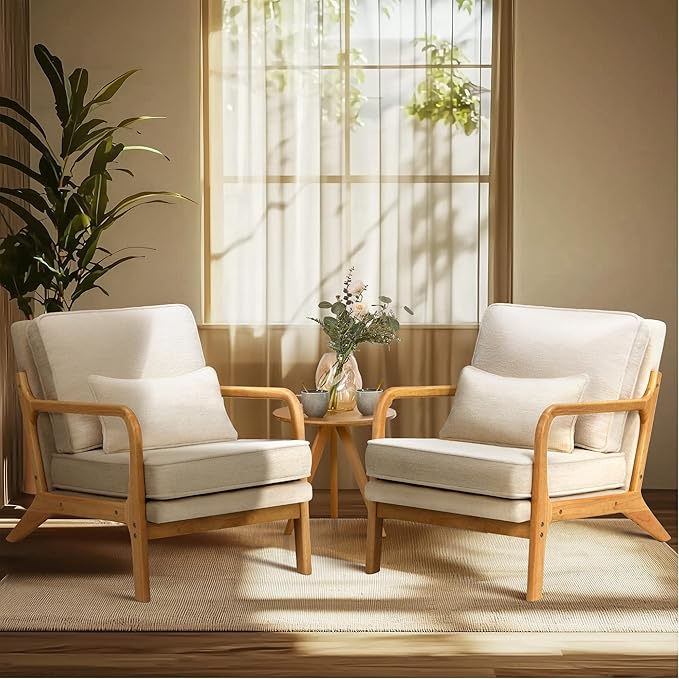 COLAMY Modern Accent Chair with with Solid Wood Frame Mid Century Reading Leisure Armchair Lumbar Pillow&amp Soft Cushion Relaxing Chair for Living RoomBedroomWaiting Room（Beige）