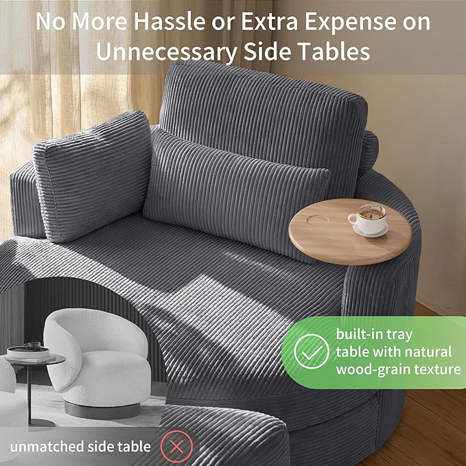 Yoglad 51” Swivel Barrel Chair with Storage Ottoman Corduroy Upholstered Accent Chair and A Half with Tray Table Oversized Chaise Lounge Round Sofa Chair for Living Room Bedroom(Grey)