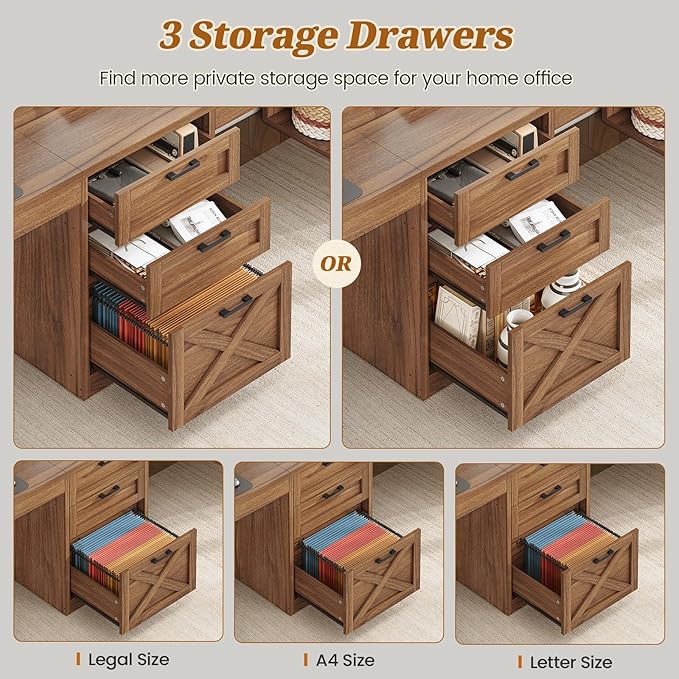 SEDETA Farmhouse 96.5 Computer Desk with Drawers 2 Person Home Office Desk Gaming Double Desk with Storage Shelves Long Two Person Writing Desk Brown