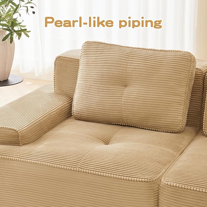 117 Modern Corduroy Cloud Sofa Boneless Modular Large Sectional Couches for Living Room Camel 3 Seater Compressed Memory Foam Couch Extra Deep Seat No Assembly